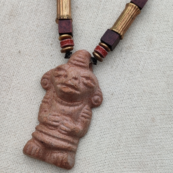 Ancient primitive Mayan clay talisman and stone necklace - Picture 5 of 10